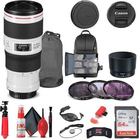 عدسة Canon EF 70-200mm f/4L is II USM (2309C002) مع طقم فلتر وحقيبة ظهر وبطاقة 64 جيجابايت وقارئ بطاقات وحامل ثلاثي مرن ومحفظة ذاكرة وحافظة غطاء ومجموعة تنظيف وحزام يد والمزيد (متجددة) in Saudi Arabia