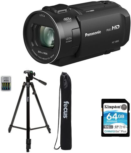 مجموعة كاميرا الفيديو عالية الدقة HC-V800 من باناسونيك مع كاميرا Kingston 64 جيجابايت Canvas Go Plus وسرعة 170 ميجابايت/ثانية وحامل ثلاثي لكاميرا DSLR للسفر (3 عناصر) in Kuwait
