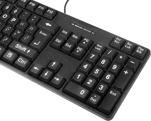 كيبورد كمبيوتر بسلك USB 104 مفتاح مطبوع بخط كبير من ام سي سايت - للافراد ضعاف البصر وضعاف البصر - شخصيات بيضاء على مفاتيح سوداء in Kuwait