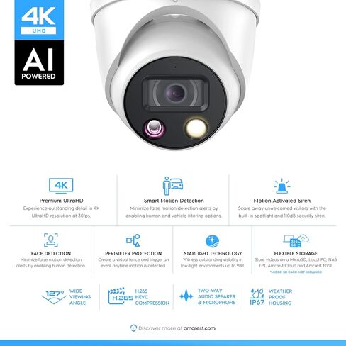 كاميرا Amcrest UltraHD 4K (8MP) AI خارجية للأمان Turret POE IP، 4K @20 إطارًا في الثانية، كشف الوجه، اكتشاف المركبات والبشر، أضواء كاشفة، إنذار صفارة إنذار مدمج، ميكروفون مدمج، IP8M-TD2685EW-AI in Kuwait