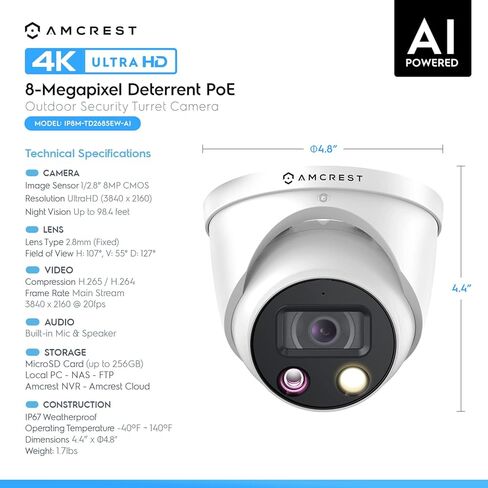 كاميرا Amcrest UltraHD 4K (8MP) AI خارجية للأمان Turret POE IP، 4K @20 إطارًا في الثانية، كشف الوجه، اكتشاف المركبات والبشر، أضواء كاشفة، إنذار صفارة إنذار مدمج، ميكروفون مدمج، IP8M-TD2685EW-AI in Kuwait