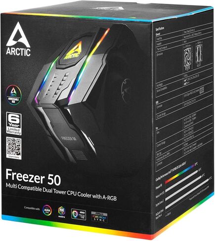 ARCTIC Freezer 50 - Multi Compatible Dual Tower CPU Fan with A-RGB, CPU Air Cooler for AMD and Intel, Two Pressure-Optimised Fans, 6 Heatpipes, LGA1700 Compatible MX-4 Thermal Paste incl. in Kuwait