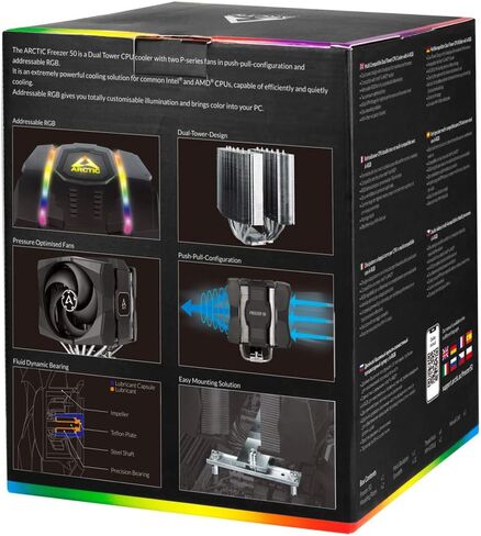 ARCTIC Freezer 50 - Multi Compatible Dual Tower CPU Fan with A-RGB, CPU Air Cooler for AMD and Intel, Two Pressure-Optimised Fans, 6 Heatpipes, LGA1700 Compatible MX-4 Thermal Paste incl. in Kuwait