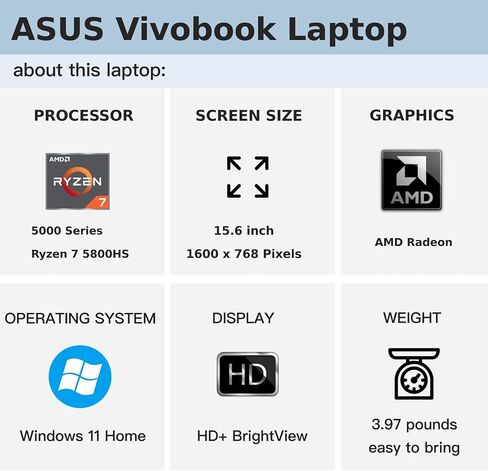 ASUS 2023 أحدث كمبيوتر محمول Vivobook، شاشة 16 بوصة عالية الدقة، AMD Ryzen 7 5800HS (8 كور، Beats i7-1195G7)، ذاكرة الوصول العشوائي 12 جيجابايت، 512 جيجابايت SSD، AMD Radeon Graphics، WiFi 6، لوحة مفاتيح Chiclet، USB-A&C، Windows 11 Home in Saudi Arabia