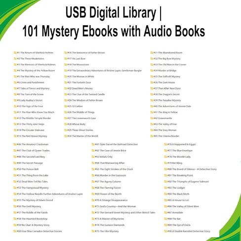 مكتبة USB الرقمية | 101 كتابًا إلكترونيًا للروايات الغامضة مع كتب صوتية في محرك أقراص فلاش USB | هدية دودة الكتب الإلكترونية | كتب بصيغة epub | كتب صوتية بصيغة mp3 in Kuwait