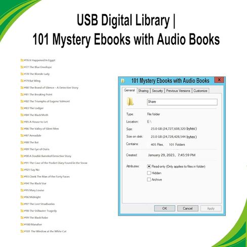 مكتبة USB الرقمية | 101 كتابًا إلكترونيًا للروايات الغامضة مع كتب صوتية في محرك أقراص فلاش USB | هدية دودة الكتب الإلكترونية | كتب بصيغة epub | كتب صوتية بصيغة mp3 in Kuwait