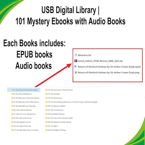 مكتبة USB الرقمية | 101 كتابًا إلكترونيًا للروايات الغامضة مع كتب صوتية في محرك أقراص فلاش USB | هدية دودة الكتب الإلكترونية | كتب بصيغة epub | كتب صوتية بصيغة mp3 in Kuwait