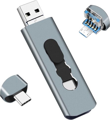 128GB USB 3.0 Flash Drive 3-in-1 Photo Stick for Android Phones, BorlterClamp OTG Thumb Drive Memory Stick with 3 Ports (USB C, microUSB, USB-A) for Samsung Galaxy, PC and More (Silver Grey) in Kuwait