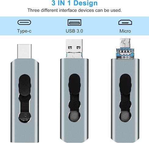 128GB USB 3.0 Flash Drive 3-in-1 Photo Stick for Android Phones, BorlterClamp OTG Thumb Drive Memory Stick with 3 Ports (USB C, microUSB, USB-A) for Samsung Galaxy, PC and More (Silver Grey) in Kuwait
