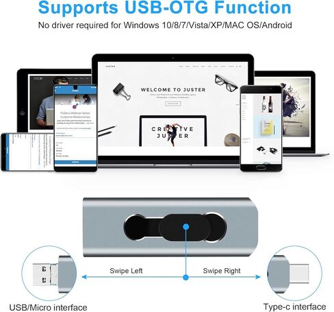 128GB USB 3.0 Flash Drive 3-in-1 Photo Stick for Android Phones, BorlterClamp OTG Thumb Drive Memory Stick with 3 Ports (USB C, microUSB, USB-A) for Samsung Galaxy, PC and More (Silver Grey) in Kuwait
