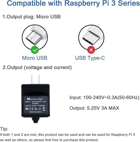 شاحن حائط Micro USB 5.25 فولت 3 أمبير من Mackertop لجهاز Raspberry Pi 3 B+ مزود طاقة يتضمن سلك طاقة بطول 1.8 متر (5.4 قدم) in Saudi Arabia