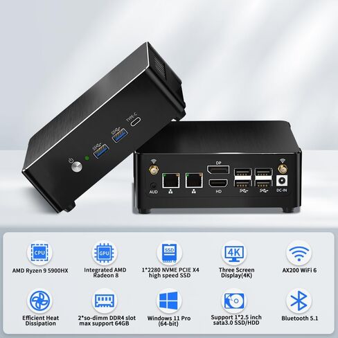 كمبيوتر مكتبي صغير من Thdeukoty AMD Ryzen 9 5900HX Windows 11 Pro، كمبيوتر صغير HTPC 64G DDR4 RAM 1T NVME SSD، USB3.2، DP/HDMI/Type-C 4K@60 هرتز، شاشة ثلاثية، 2.5G+1G LAN، WiFi 6 Bluetooth 5.1 in Kuwait