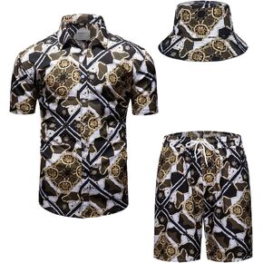fohemr Mens Luxury Outfit Set Black Gold Shirts and Shorts 2 Piece Chain Print Set Baroque Button Down Suit with Bucket Hats