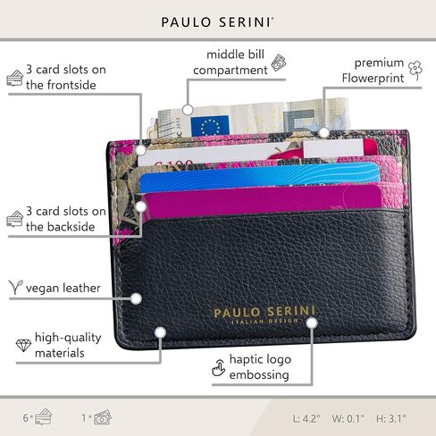 PAULO SERINI® Card Holder for Men & Women - Card Case Unisex with 6 Card Slots & Compartment for Bills - Slim Wallet vegan leather in Kuwait
