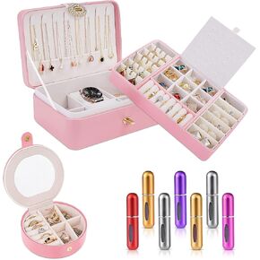 Kioten - 2 Pack Jewelry Box, Travel Jewelry Box Built-Mirror, With 1psc Random Color Perfume Atomizer, Girls And Women Jewelry Box, Adjustable Compartment, Pink in Saudi Arabia