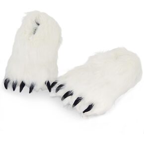 Furry Polar Bear Claw Slippers, Plush Animal Feet Paw Slipper Non-Slip House Shoes for Xmas Halloween Women 6.5-8.5