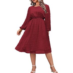IN'VOLAND Women's Plus Size Swiss Dot Long Sleeve Chiffon Dress Flowy High Waist A Line Ruffle Babydoll Midi Dresses 16W-24W