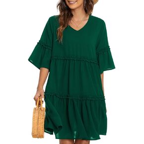Funlingo Women's Summer Dresses Flowy Tunic Mini Dress Short Sleeve V Neck Swing Dress