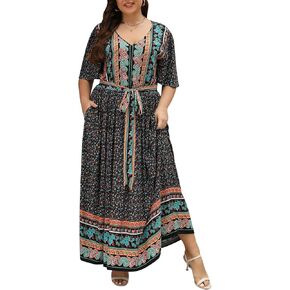 Nemidor Womens Plus Size Boho Floral Positioning Print Casual Flared Maxi Dress with Pocket NEM422