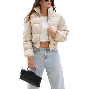 Yeokou Women's Cropped Puffer Jacket Black Stand Collar Zip Up Short Bubble Coat with Pockets