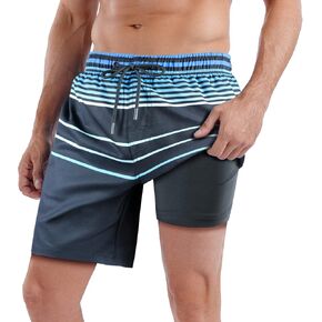 QRANSS Mens Swim Trunks with Compression Lined 7'' Swim Shorts Quick Dry Swimwear Boardshorts with Boxer Brief Liner