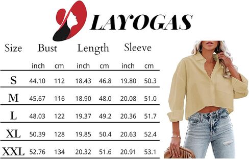 قمصان نسائية من LAYOGAS بأزرار سفلية، بلوزة كاجوال بأكمام طويلة مع جيب على الصدر، لون سادة S-2XL in Kuwait