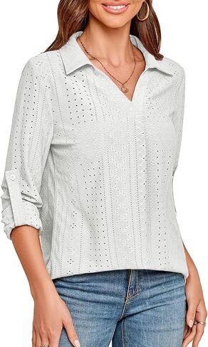 قميص نسائي بأكمام دوارة 3/4 من Viracy مزود بفتحة رقبة على شكل V مجوفة للعمل غير رسمي ملابس علوية فضفاضة تناسب الحاشية in Kuwait