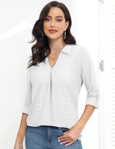 قميص نسائي بأكمام دوارة 3/4 من Viracy مزود بفتحة رقبة على شكل V مجوفة للعمل غير رسمي ملابس علوية فضفاضة تناسب الحاشية in Kuwait