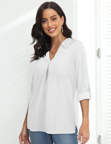 قميص نسائي بأكمام دوارة 3/4 من Viracy مزود بفتحة رقبة على شكل V مجوفة للعمل غير رسمي ملابس علوية فضفاضة تناسب الحاشية in Kuwait