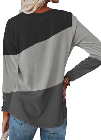 Minetom Women's Color Block Tops Casual Long Sleeve Tunic Round Neck Pullover Shirts in Saudi Arabia