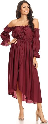 Anna-Kaci Womens Casual Boho Long Sleeve Off Shoulder Renaissance Peasant Dress in Kuwait