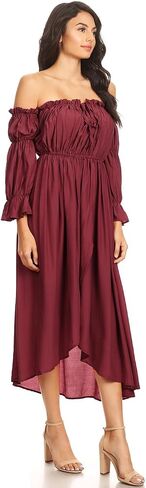 Anna-Kaci Womens Casual Boho Long Sleeve Off Shoulder Renaissance Peasant Dress in Kuwait