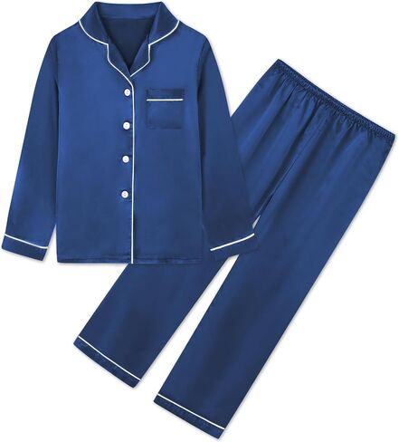 Umeyda Girls & Women Satin Pajamas Set, Long Sleeve Silky Button Down Sleepwear Loungewear for Kids Boys in Saudi Arabia