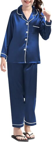 Umeyda Girls & Women Satin Pajamas Set, Long Sleeve Silky Button Down Sleepwear Loungewear for Kids Boys in Saudi Arabia