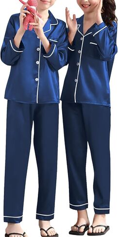 Umeyda Girls & Women Satin Pajamas Set, Long Sleeve Silky Button Down Sleepwear Loungewear for Kids Boys in Saudi Arabia