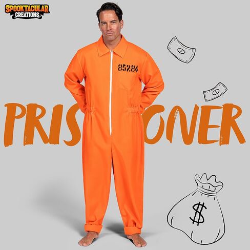 Spooktacular Creations Prisoner Jumpsuit Men's Orange Prison Escaped Inmate Jailbird Coverall Costume in Saudi Arabia