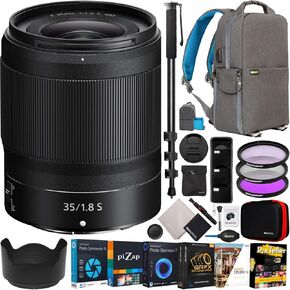 عدسة Nikon NIKKOR Z مقاس 35 مم f/1.8 S كاملة الإطار بزاوية واسعة لكاميرات Z-Mount عديمة المرآة، حزمة 20081 مع حقيبة ظهر للتصوير الفوتوغرافي Deco Gear + مجموعة مرشح UV/CPL/FLD + Monopod + البرامج والملحقات in Kuwait