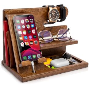 TESLYAR Wood Phone Docking Station Ash Key Holder Wallet Stand Watch Organizer Men Gift Husband Wife Anniversary Dad Birthday Nightstand Purse Father Graduation Male Travel Idea Gadgets (Black) in Kuwait