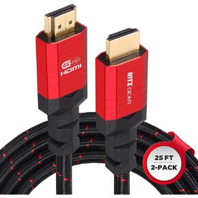 4K HDMI 2.0 Cable 25 ft. [2 Pack] by RitzGear. 18 Gbps Ultra High Speed Braided Nylon Cord & Gold Connectors - 4K@60Hz/UHD/3D/2160p/1080p/ARC & Ethernet. Compatible with UHD TV/Monitor/PC/PS5/Xbox in Kuwait