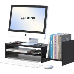 حامل شاشة كمبيوتر مكتبي من COOGOU مع مساحة تخزين، منظم حامل شاشة سطح مكتب صغير، حامل شاشة رف كمبيوتر أسود، حامل شاشة كمبيوتر زاوية بطبقتين مع حامل رف الكتب in Kuwait