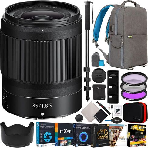عدسة Nikon NIKKOR Z مقاس 35 مم f/1.8 S كاملة الإطار بزاوية واسعة لكاميرات Z-Mount عديمة المرآة، حزمة 20081 مع حقيبة ظهر للتصوير الفوتوغرافي Deco Gear + مجموعة مرشح UV/CPL/FLD + Monopod + البرامج والملحقات in Kuwait