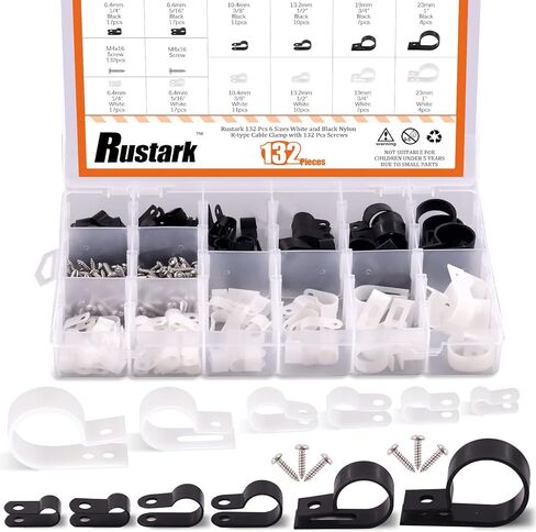 Rustark 135 Pcs Cable Clamp 6 Size White Nylon R-Type Cord Wire Organizer Clips Fasteners Assortment kit with 135 Pack Screws for Wire Management in Saudi Arabia