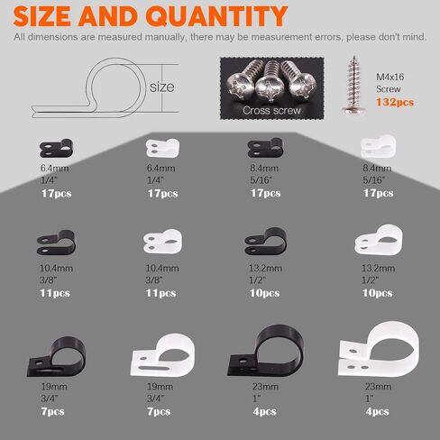 Rustark 135 Pcs Cable Clamp 6 Size White Nylon R-Type Cord Wire Organizer Clips Fasteners Assortment kit with 135 Pack Screws for Wire Management in Saudi Arabia