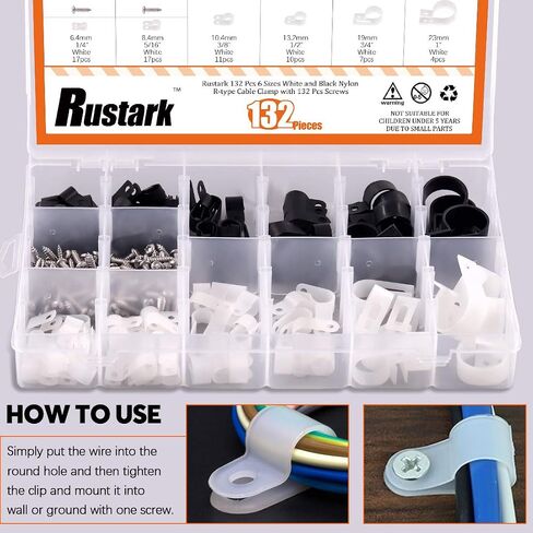 Rustark 135 Pcs Cable Clamp 6 Size White Nylon R-Type Cord Wire Organizer Clips Fasteners Assortment kit with 135 Pack Screws for Wire Management in Saudi Arabia