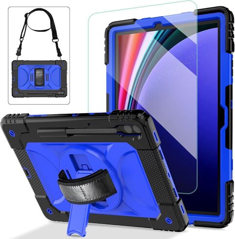 SUPNICE Case for Samsung Galaxy Tab S9 Plus 12.4 inch 2023 (SM-X810/816/818), Heavy Duty with Tempered Glass Screen Protector & 360 Rotating Stand & Shoulder Hand Strap for Samsung S9+/S8+/S7+, Blue in Kuwait