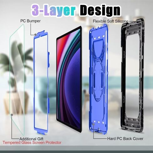 SUPNICE Case for Samsung Galaxy Tab S9 Plus 12.4 inch 2023 (SM-X810/816/818), Heavy Duty with Tempered Glass Screen Protector & 360 Rotating Stand & Shoulder Hand Strap for Samsung S9+/S8+/S7+, Blue in Kuwait