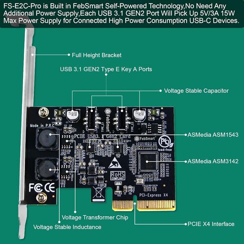 بطاقة توسيع FengSmart 2X 10 جيجابت في الثانية بأقصى سرعة USB-C PCIE USB 3.1 GEN 2 لأجهزة الكمبيوتر التي تعمل بنظام التشغيل Windows وMAC OS وLinux، مدمجة في تقنية FengSmart ذاتية التشغيل، لا تحتاج إلى مصدر طاقة إضافي (FS-C2-Pro) in Kuwait