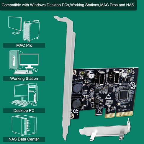 بطاقة توسيع FengSmart 2X 10 جيجابت في الثانية بأقصى سرعة USB-C PCIE USB 3.1 GEN 2 لأجهزة الكمبيوتر التي تعمل بنظام التشغيل Windows وMAC OS وLinux، مدمجة في تقنية FengSmart ذاتية التشغيل، لا تحتاج إلى مصدر طاقة إضافي (FS-C2-Pro) in Kuwait