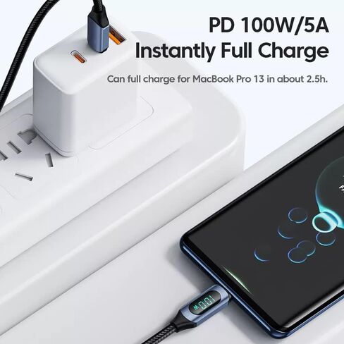 كابل Super Turbo Charging 5A Type C إلى Type C مع 100W PD، شاشة LED رقمية، تصميم مجدول من النايلون - مزامنة سريعة للبيانات، تيار مستقر عالي، شريحة ذكية لأجهزة Android (طول 2 متر، أزرق) in Kuwait