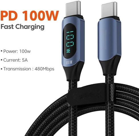 كابل Super Turbo Charging 5A Type C إلى Type C مع 100W PD، شاشة LED رقمية، تصميم مجدول من النايلون - مزامنة سريعة للبيانات، تيار مستقر عالي، شريحة ذكية لأجهزة Android (طول 2 متر، أزرق) in Kuwait